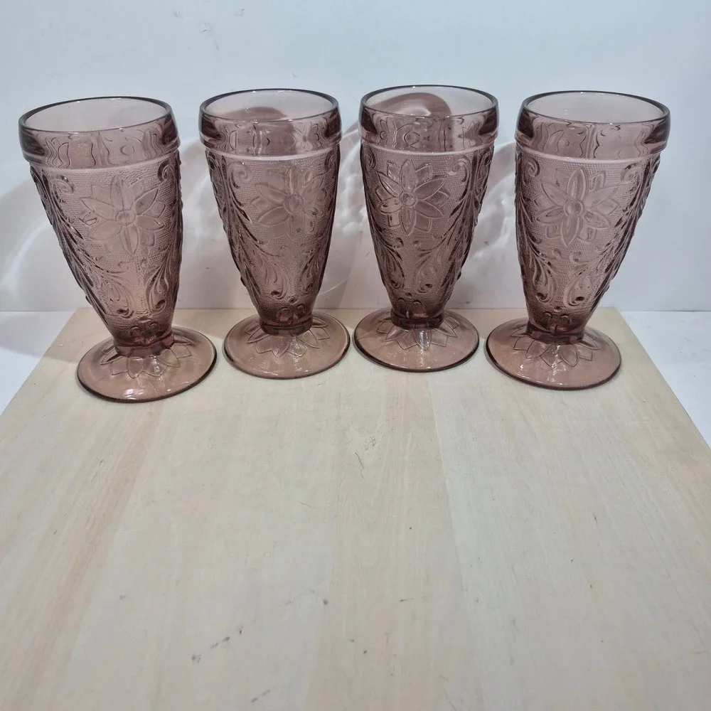 Tiara Exclusives Sandwich Amethyst Glass Goblets Set of 4 Plum Purple 6.5 Inch